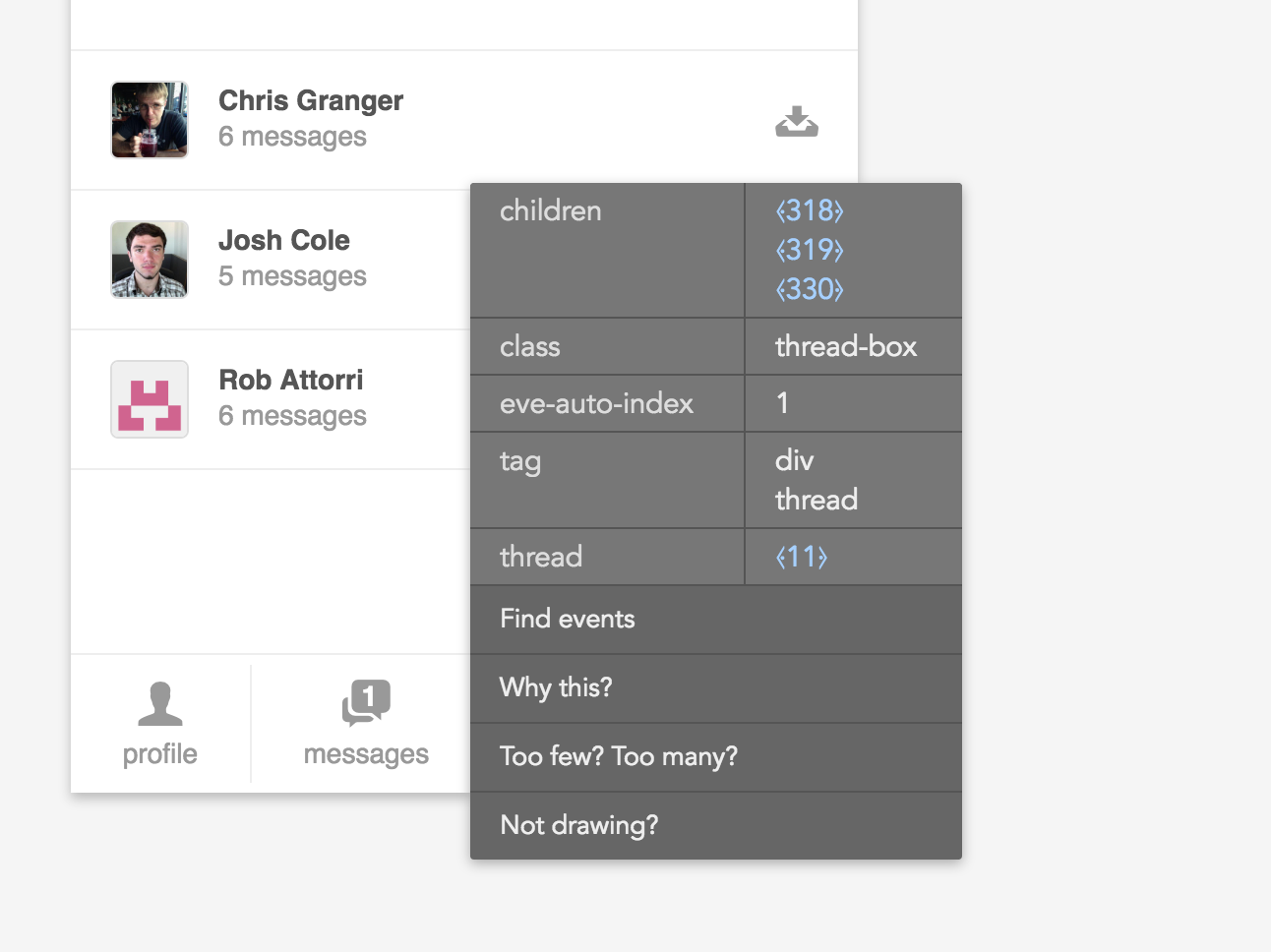 inspect a dom node, inspect a block